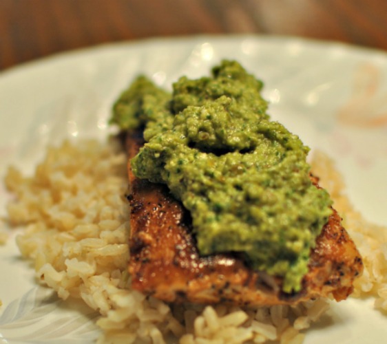 Jerk Rub Grilled Mahi Mahi with Sweet Pepper Pesto over brown rice = YUMMO!