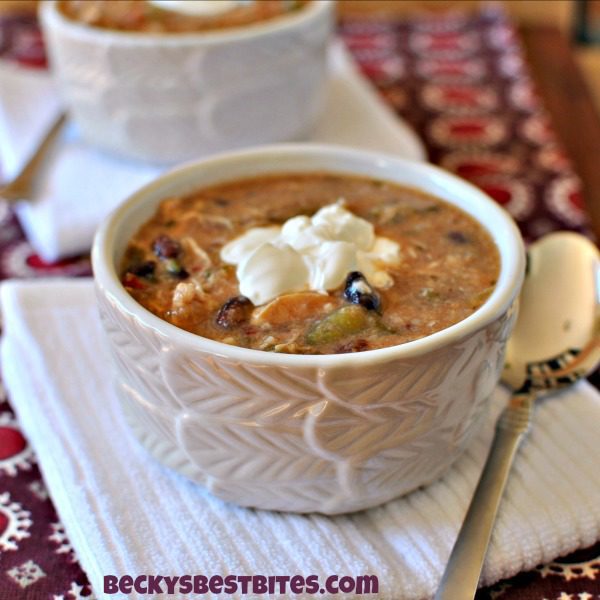 Skinny Slow Cooker Chicken Enchilada Soup has all the flavor of that comfort food favorite but none of the guilt!