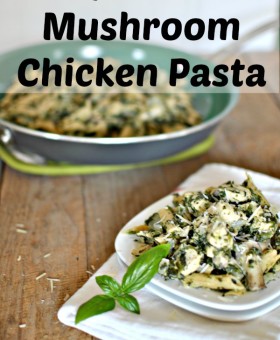 Spinach Mushroom Chicken Pasta with fresh lemon, basil and parmesan over whole wheat pasta is a quick, tasty & healthy recipe that just feels very indulgent. #spinach #mushroom #chicken #pasta #dinnertonight beckysbestbites.com