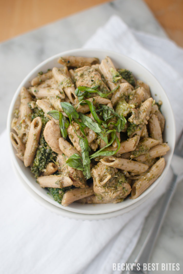 Chicken Broccoli Pesto Pasta Toss is made with homemade pesto, fresh broccoli & lean chicken. A healthy, easy and tasty weeknight dinner that tastes like a special occasion. | beckysbestbites.com