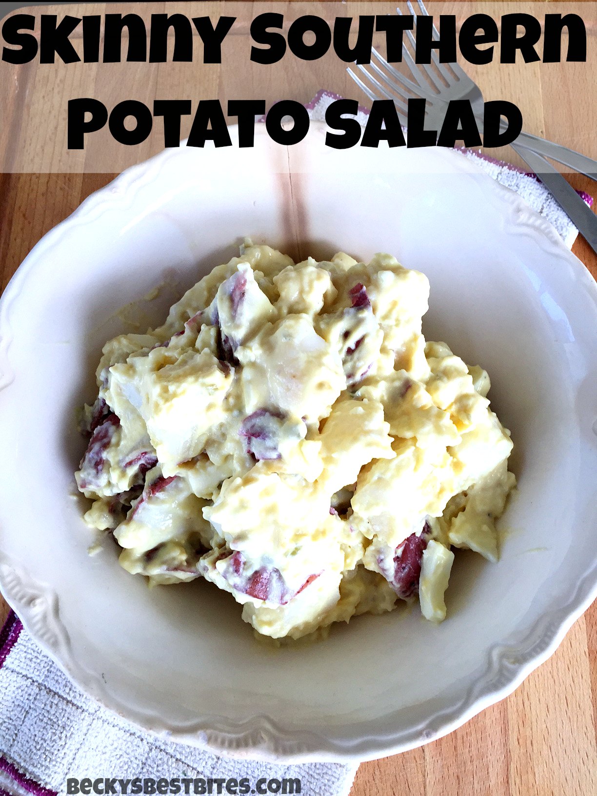 This Skinny Southern Potato Salad Recipe combines all the flavors of the traditional favorite with a more healthful twist. Greek yogurt is the secret ingredient that pulls it all together. | Becky's Best Bites #healthyrecipe #recipemakeover