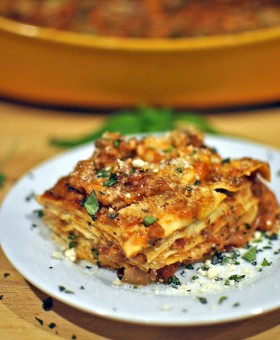 5-Layer Spicy Oven Ready Lasagna Recipe combines turkey sausage, lean ground beef, three cheeses & fresh herbs in a signature dish that's a family favorite by Becky's Best Bites