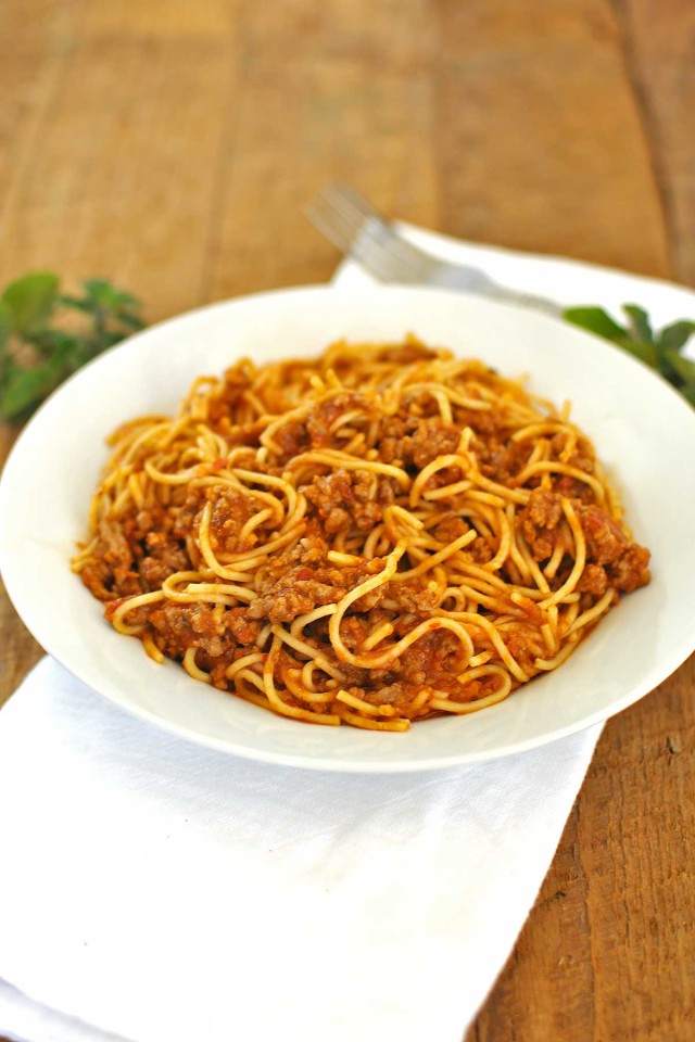 15 minute Spaghetti Bolognese features a make-ahead sauce. Becky's Best Bites