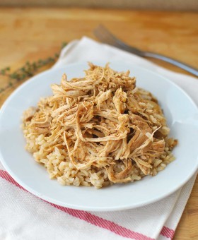 low Cooker Salsa Chicken and Rice might possibly be the easiest meal ever! Boring, weeknight chicken becomes the most popular kid at the table when jazzed up with tangy salsa & spices. Throw some brown rice in your rice cooker and set it to be done when the slow cooker is and dinner is D-O-N-E!!!| Becky's Best Bites