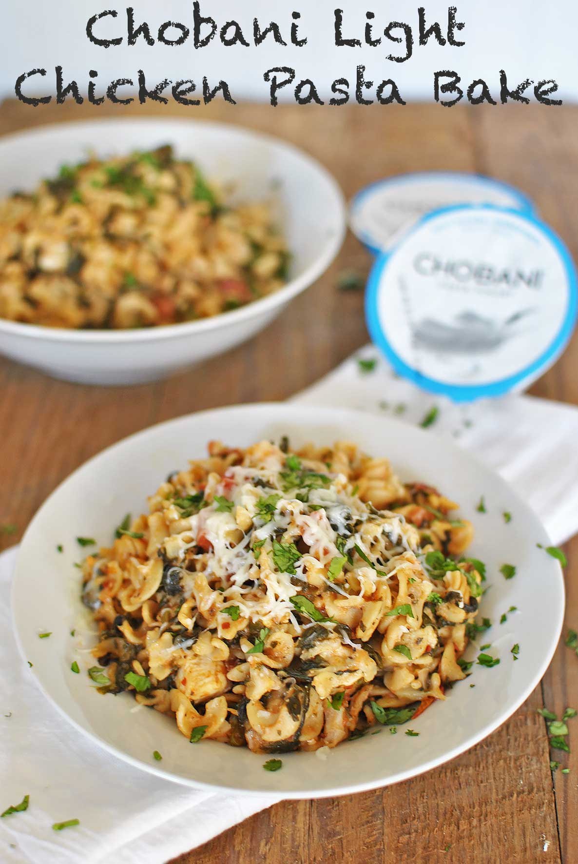 Chobani Light Chicken Pasta Bake with greek yogurt, mozzarella, spinach and tomatoes is a healthy and easy make-ahead dinner that tastes anything but light. | @beckysbestbites