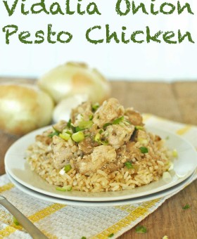 Vidalia Onion Pesto Chicken uses a uniquely southern flavor combination for a pesto that is mild and sweet for a healthy and easy 30 minute weeknight dinner. | BeckysBestBites.com