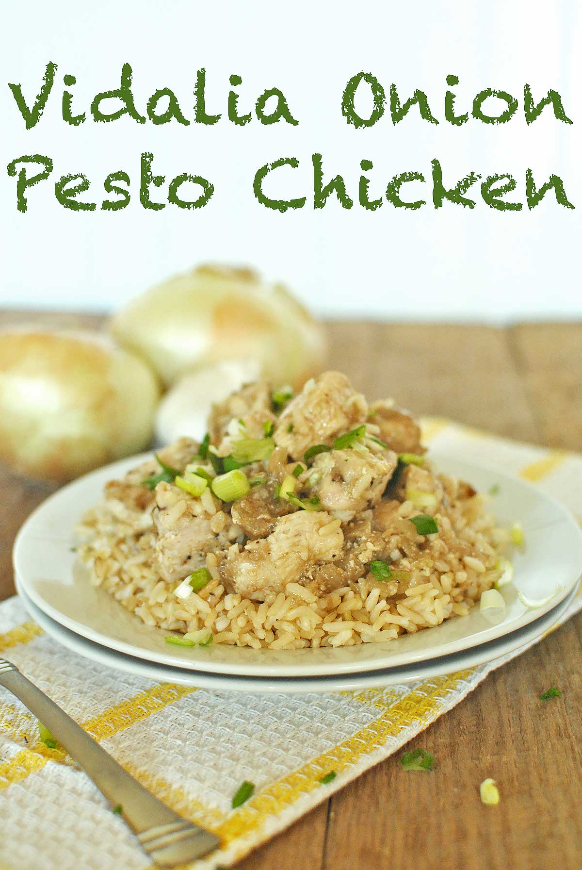 Vidalia Onion Pesto Chicken uses a uniquely southern flavor combination for a pesto that is mild and sweet for a healthy and easy 30 minute weeknight dinner. | BeckysBestBites.com