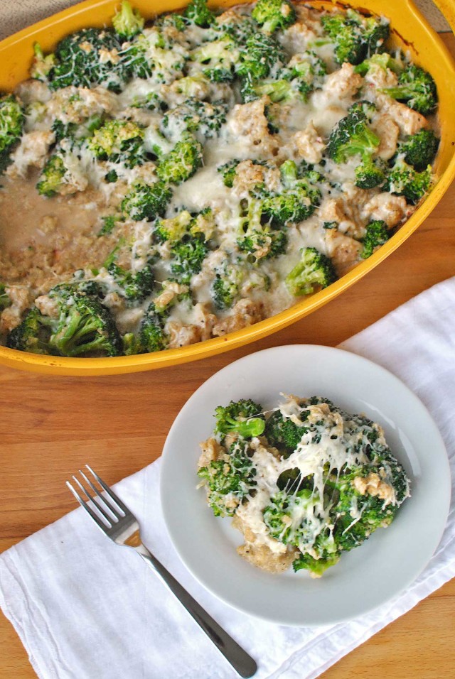 Cheesy Quinoa Chicken Broccoli Bake | beckysbestbites.com