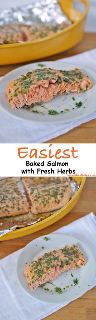 Easiest Baked Salmon with Fresh Herbs really lives up to it's name! Cooked perfectly so that it's moist, flaky and flavorful, this no-fail salmon recipe is sure to please! |Becky's Best Bites