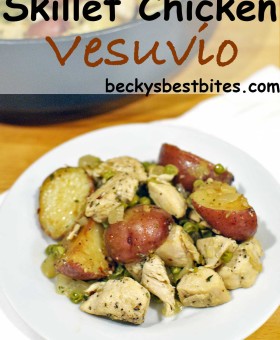 Skillet Chicken Vesuvio is a healthier version of the Italian-American classic that comes together in a tasty one-pan skillet dinner in 30 minutes or less. | Becky's Best Bites