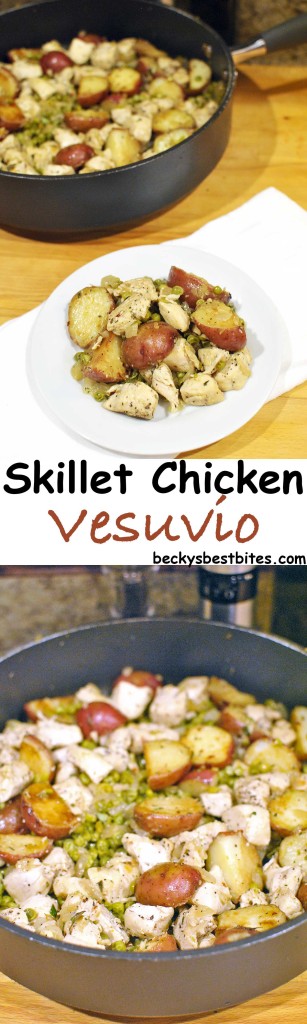 Skillet Chicken Vesuvio is a healthier version of the Italian-American classic that comes together in a tasty one-pan skillet dinner in 30 minutes or less. This weeknight version of the Chicago specialty has all the classic flavors but less of the fat and calories. | Becky's Best Bites