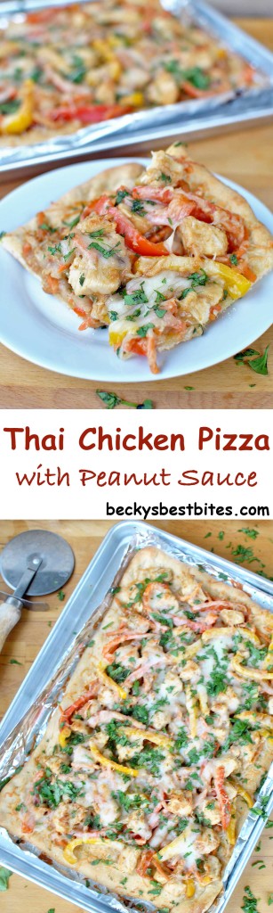 Thai Chicken Pizza with Peanut Sauce is packed with vegetables and herbs like red and yellow bell pepper, cilantro and carrots for a unique and healthier pizza night. No waiting for the delivery guy here, this pizza will tickle your taste-buds with its uncommon ingredients and flavor combinations. | Becky's Best Bites