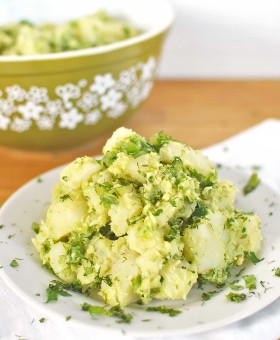 Vegan Avocado Potato Salad with Dill & Cilantro is a creamy and healthy version of the classic summer BBQ side dish. Nobody will miss the mayo or eggs in this dish and as an added bonus no worries about taking it to your next outdoor gathering!! Double bonus...summer slim-down approved!! | Becky's Best Bites