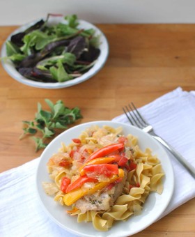 Lean Pork and Sweet Peppers on Noodles is the perfect healthy weeknight dinner recipe. On the table in 30 minutes or less, using simple & fresh ingredients. | Becky's Best Bites