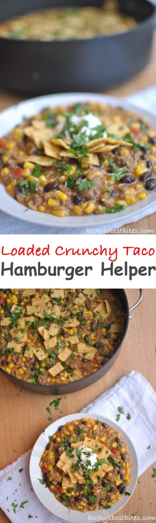 Loaded Crunchy Taco Hamburger Helper Recipe is a quick and easy family meal that provides a great value. A few healthy add-ins stretch the dollar even more. | Becky's Best Bites #freebeef #helper #ad 