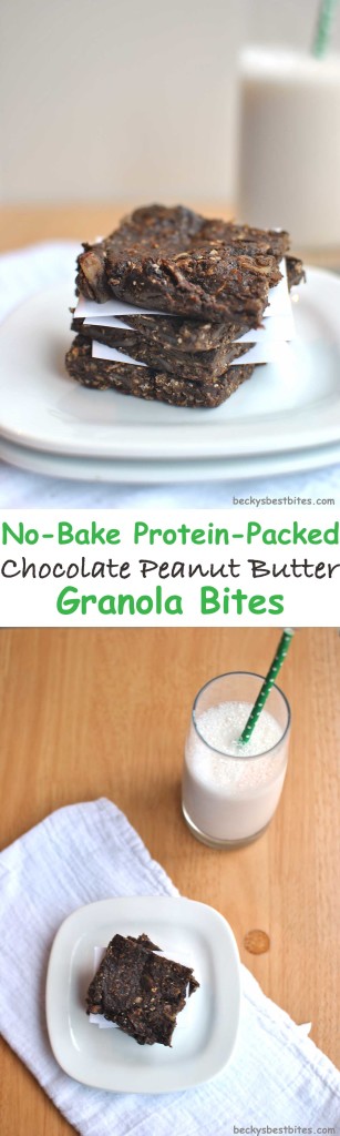 No-Bake Protein-Packed Chocolate Peanut Butter Granola Bites are an easy healthy on-the-go and filling breakfast or snack. Indulgent taste without the guilt. | Becky's Best Bites