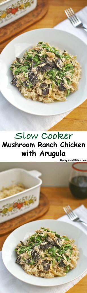 Slow Cooker Mushroom Ranch Chicken with Arugula is a healthy, tasty & easy recipe for any crazy weeknight. Ten minutes of prep in the morning & dinner is done! | Becky's Best Bites