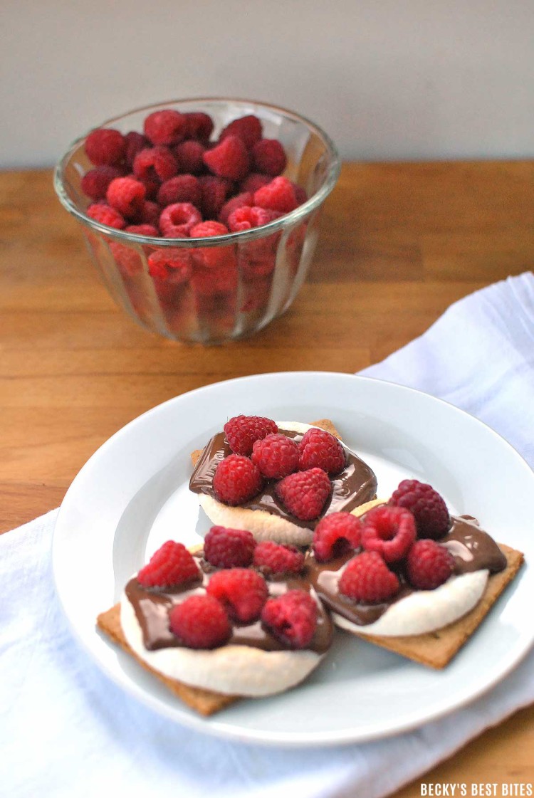 10-Minute Raspberry Indoor S'mores are perfect for any weeknight dessert. This version of the classic is made more nutritious with addition of raspberries. | Becky's Best Bites