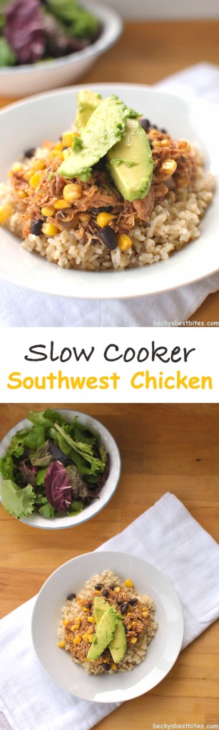 Slow Cooker Southwest Chicken is a healthy and easy recipe that is perfect for Cinco de Mayo celebrations. This make-ahead Mexican clean eating dish is sure to be a hit! No one will even notice that it's healthy, they'll be enjoying it too much :)  Becky's Best Bites