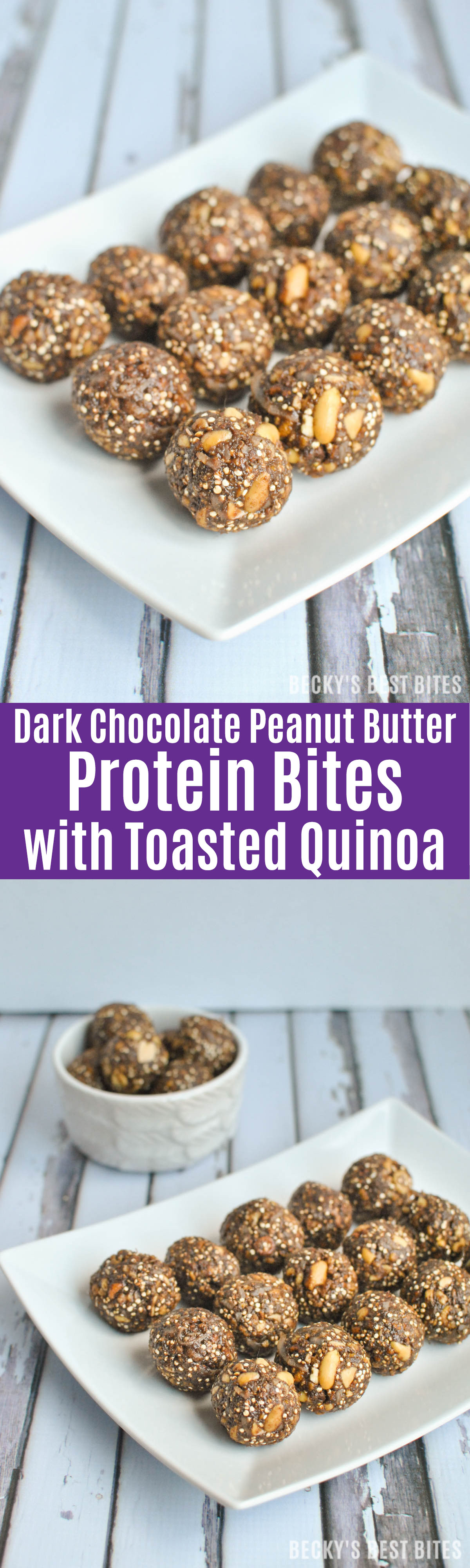 Quick, easy and healthy, these Dark Chocolate Peanut Butter Protein Bites with Toasted Quinoa are a perfect on-the-go breakfast, after-school snack or treat. | beckysbestbites.com