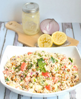 Mediterranean Cauliflower Couscous Salad is a healthy recipe with fresh summer vegetables and herbs, roasted chickpeas and a homemade lemon feta vinaigrette. | beckysbestbites.com