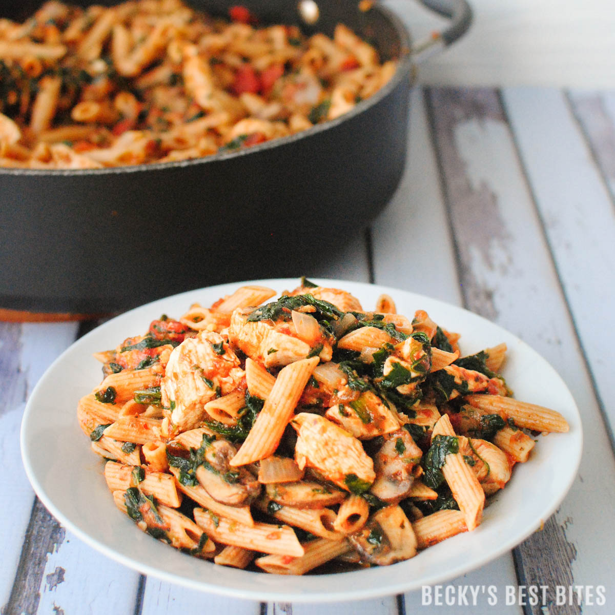 Veggie-Packed Tuscan Chicken Pasta | beckysbestbites.com