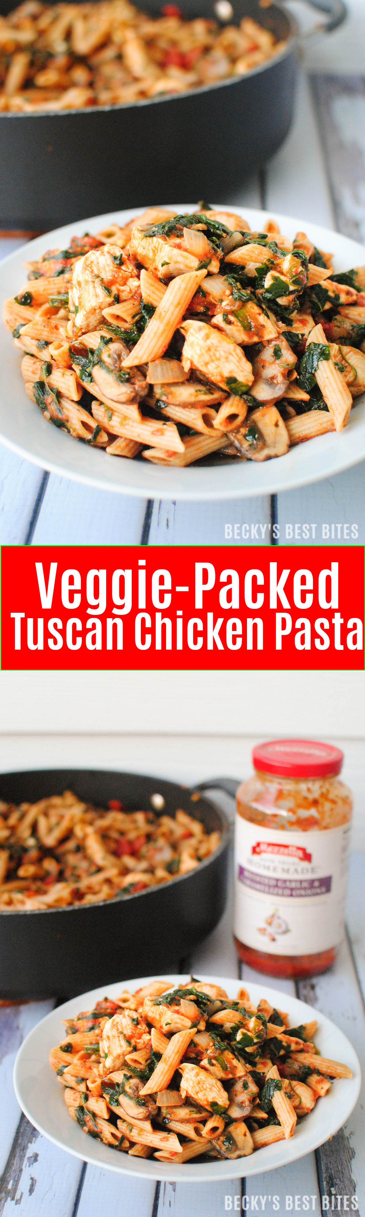 Veggie-Packed Tuscan Chicken Pasta is a healthy weeknight dinner recipe.  Get a tasty meal loaded with mushrooms, tomatoes and spinach on the table in 30 minutes. | beckysbestbites.com #FallforFlavor #Ad