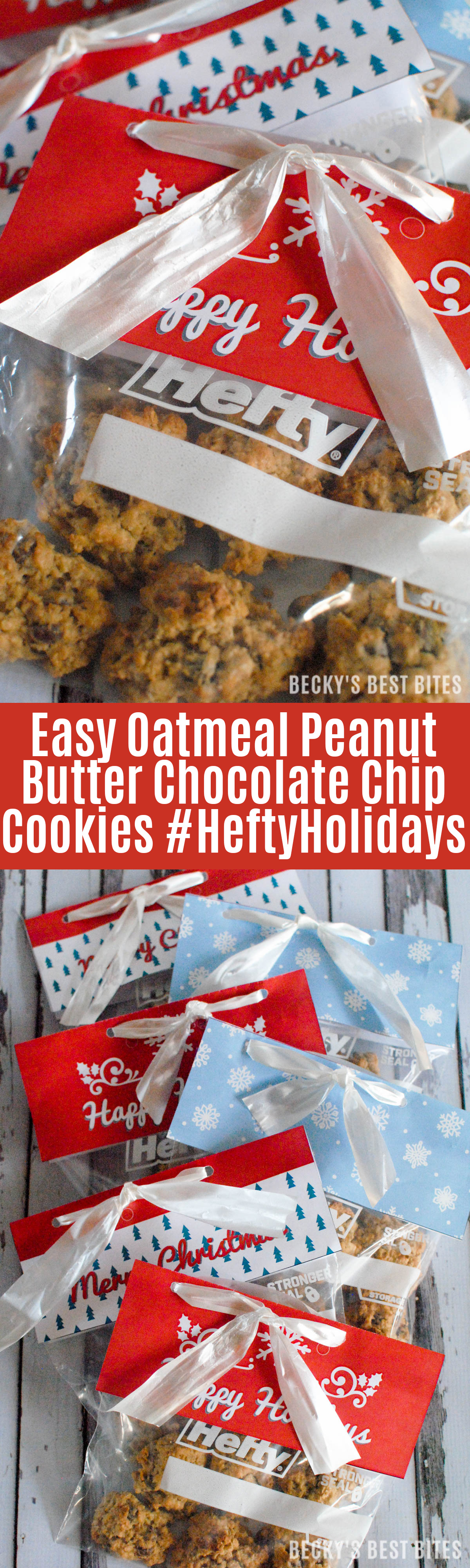 Easy Oatmeal Peanut Butter Chocolate Chip Cookies and healthy holiday baking tips. Goodie treat bags are always on-hand thanks to 1 Quart Hefty® Slider Storage Bags and Hefty® printable treat bag toppers. | beckysbestbites.com #HeftyHolidays #ad