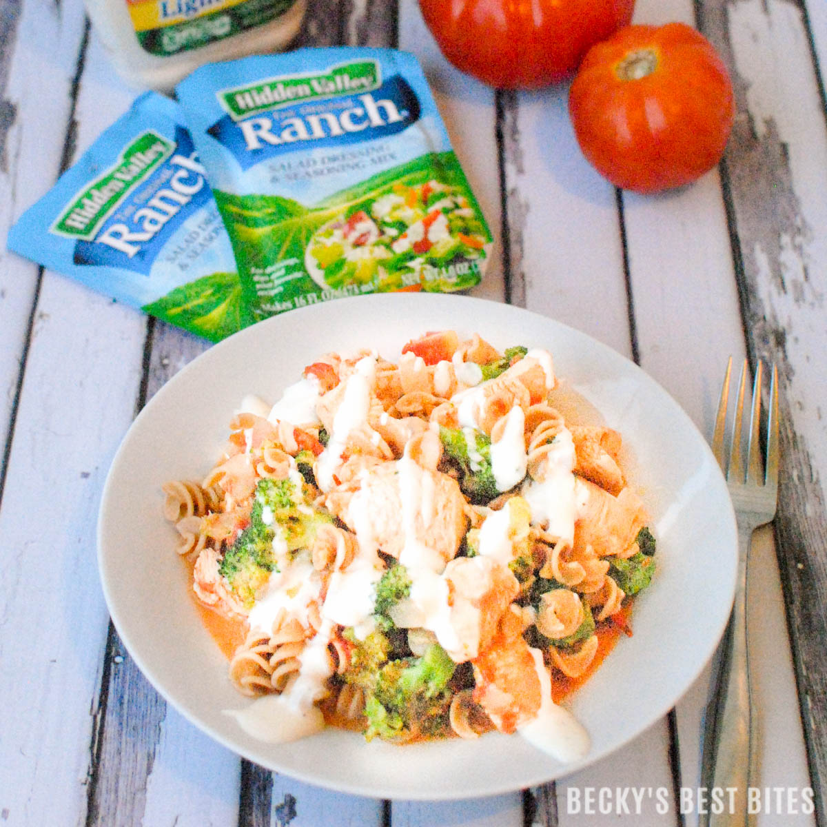 Ranch Buffalo Chicken Pasta with Broccoli is a quick, easy & healthy dinner recipe that the whole family will enjoy! Whole grains, veggies and lean protein combine for a dinner you can be proud of!! | beckysbestbites.com #HiddenValley #Ad
