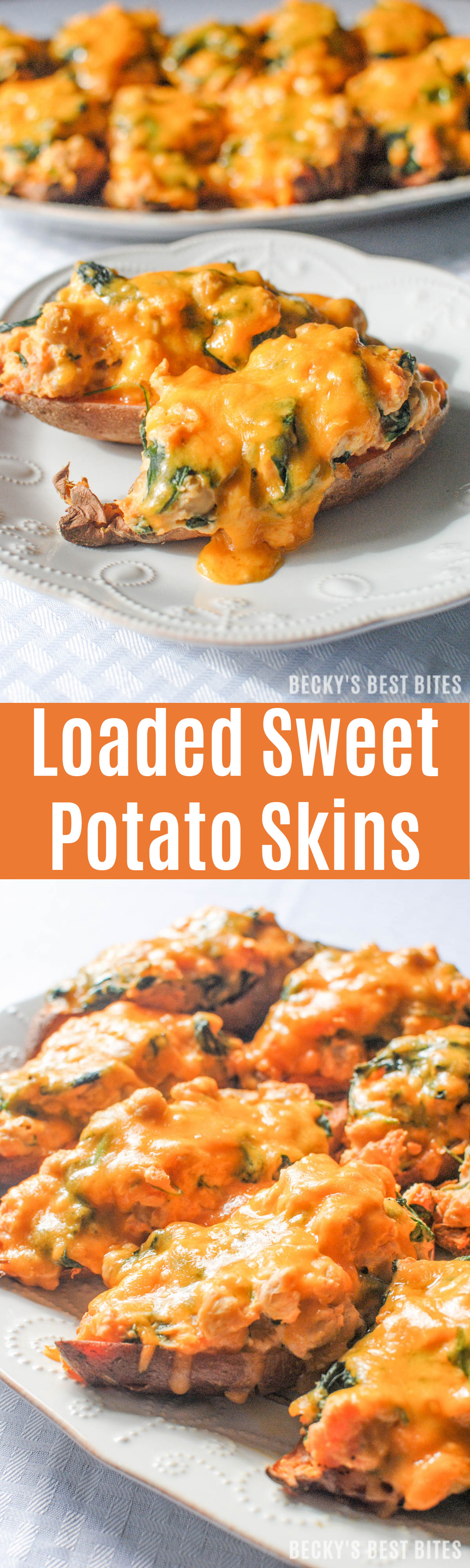 Loaded Sweet Potato Skins will make any New Year's party. Loaded with greek yogurt, cream cheese, chickpeas, spinach and kale and topped with lots of melty Kraft Natural Cheese, you and your guests will not even realize how nutritious they are!! #NaturallyCheesy #ad | beckysbestbites.com