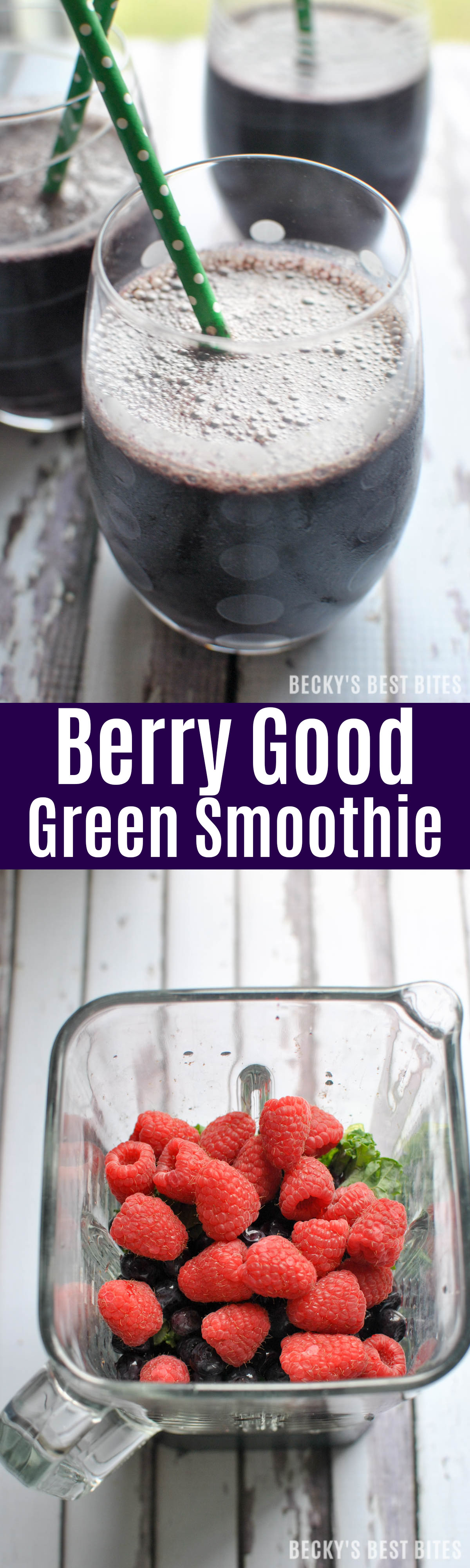 Keep those New Year's resolutions with a Berry Good Green Smoothie. Packed with kale, blueberries and raspberries, it is a superfood and antioxidant powerhouse recipe perfect for a healthy breakfast on just about any diet. | beckysbestbites.com