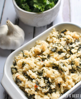 Creamy Kale Risotto with Parmesan is made without butter or cream. A healthy dinner recipe as a side with a lean protein or as a yummy vegetarian main dish. | beckysbestbites.com