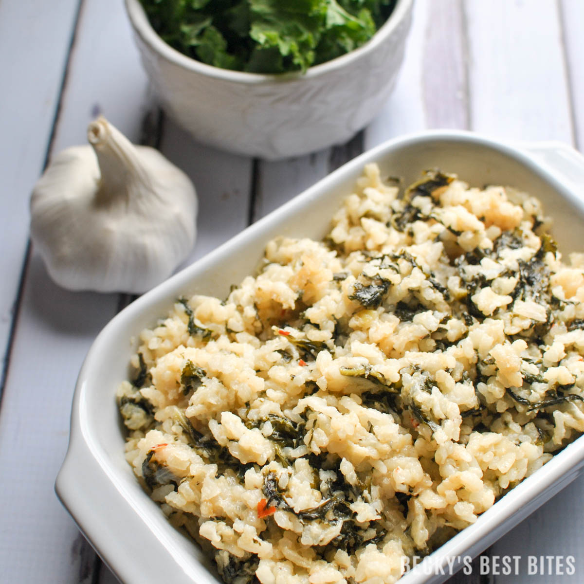 Creamy Kale Risotto with Parmesan is made without butter or cream. A healthy dinner recipe as a side with a lean protein or as a yummy vegetarian main dish. | beckysbestbites.com