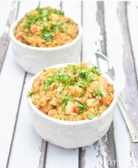 Hubby's Spicy Jambalaya Recipe is a Mardi Gras inspired meal to add to any game day spread. Protein packed dinner with smoked sausage, chicken and shrimp! | beckysbestbites.com