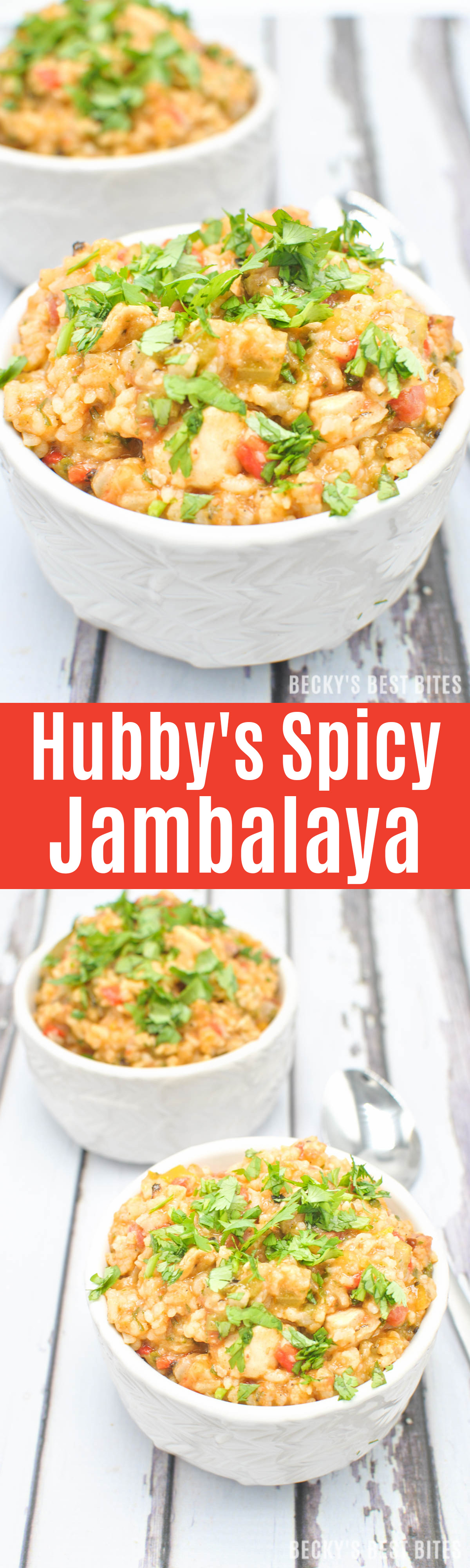 Hubby's Spicy Jambalaya Recipe is a Mardi Gras inspired meal to add to any Super Bowl or other game day spread. It is a protein packed and filling dinner with smoked sausage, chicken and shrimp that will please any crowd! | beckysbestbites.com