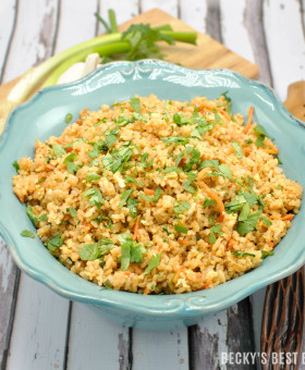 Easy Spicy Unfried Rice is healthy recipe makeover for the classic take-out favorite with all the classic flavors. Brown rice, less oil, more vegetables make this side dish more nutritious!| beckysbestbites.com