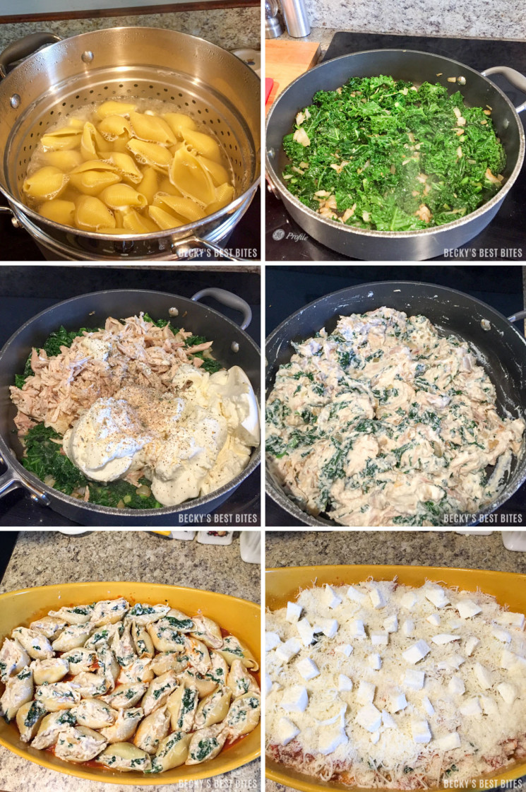 Chicken Ricotta Stuffed Shells with Kale is an easy Italian inspired meal with fresh seasonal produce for a large gathering with the help of Bertolli pasta sauces.| beckysbestbites.com #VivaBertolli #ad