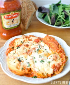 Chicken Ricotta Stuffed Shells with Kale is an easy Italian inspired meal with fresh seasonal produce for a large gathering with the help of Bertolli pasta sauces.| beckysbestbites.com #VivaBertolli #ad