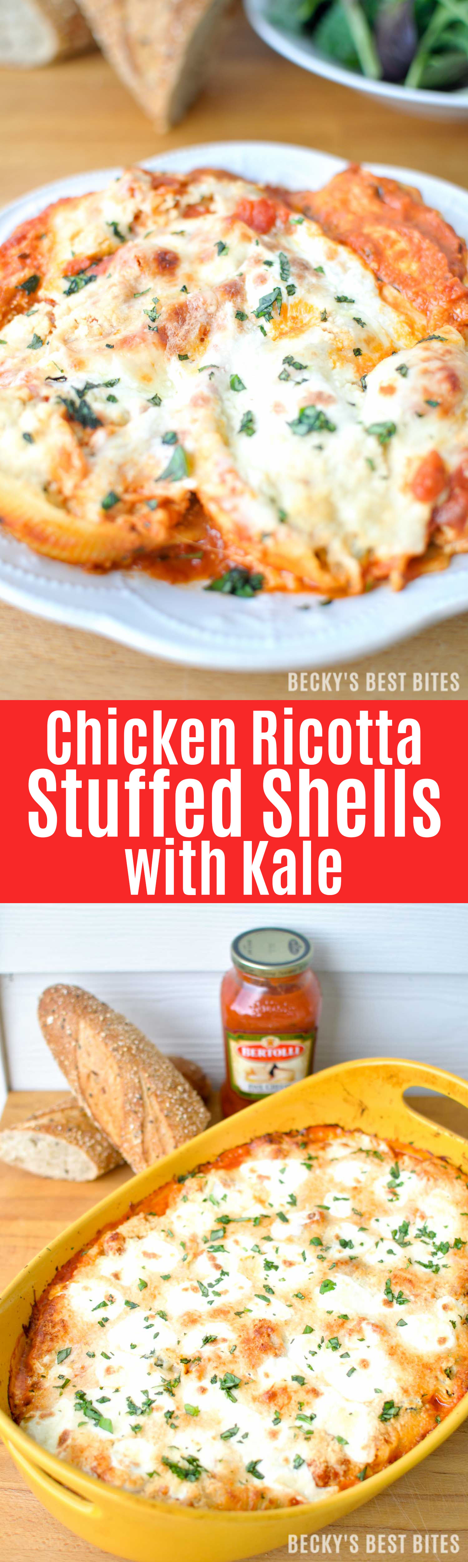 Chicken Ricotta Stuffed Shells with Kale is an easy Italian inspired meal with fresh seasonal produce for a large gathering with the help of Bertolli pasta sauces. | beckysbestbites.com #VivaBertolli #ad