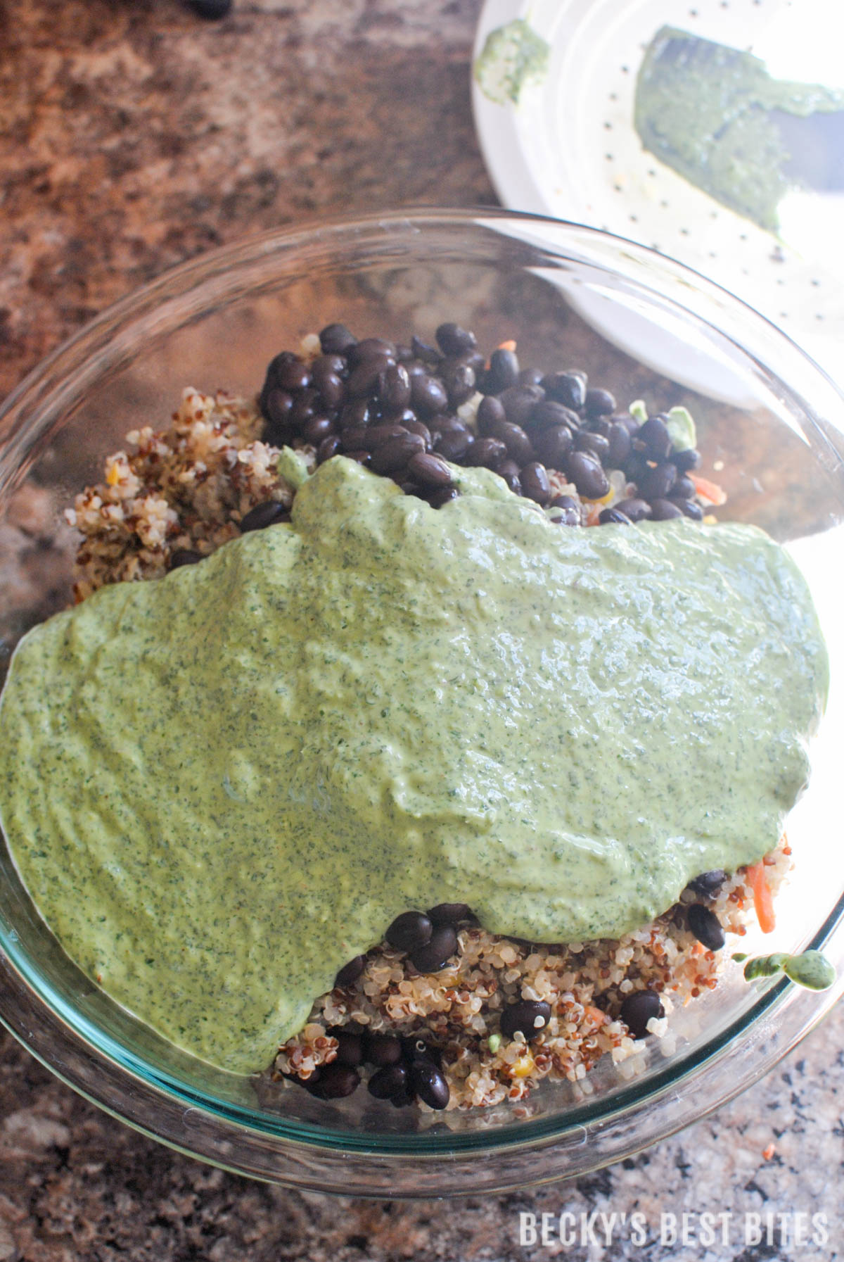 Creamy Cilantro Quinoa Salad is a healthy salad recipe perfect for any meal! Add just about any combo of vegetables with the cilantro & greek yogurt dressing for a vegetarian lunch or dinner or a perfect side dish. | beckysbestbites.com