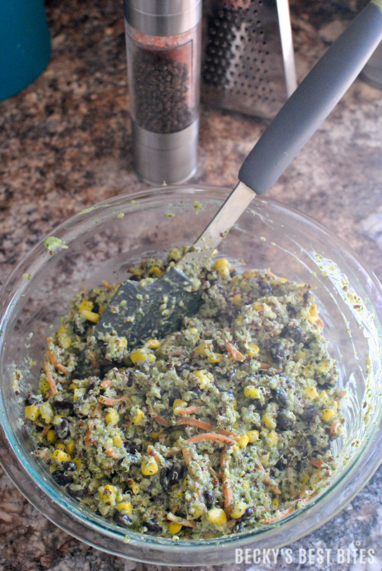 Creamy Cilantro Quinoa Salad is a healthy salad recipe perfect for any meal! Add just about any combo of vegetables with the cilantro & greek yogurt dressing for a vegetarian lunch or dinner or a perfect side dish. | beckysbestbites.com