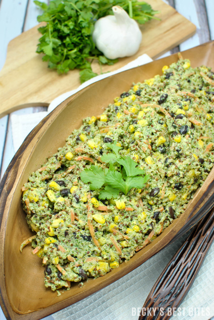 Creamy Cilantro Quinoa Salad is a healthy salad recipe perfect for any meal! Add just about any combo of vegetables with the cilantro & greek yogurt dressing for a vegetarian lunch or dinner or a perfect side dish. | beckysbestbites.com