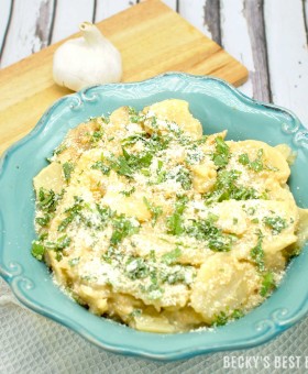 Healthier Slow Cooker Au Gratin Potatoes is a healthy and easy Easter recipe to add to the holiday menu. No butter or cream added to this side dish, but you still have all that creamy goodness thanks to addition of nonfat greek yogurt! | beckysbestbites.com