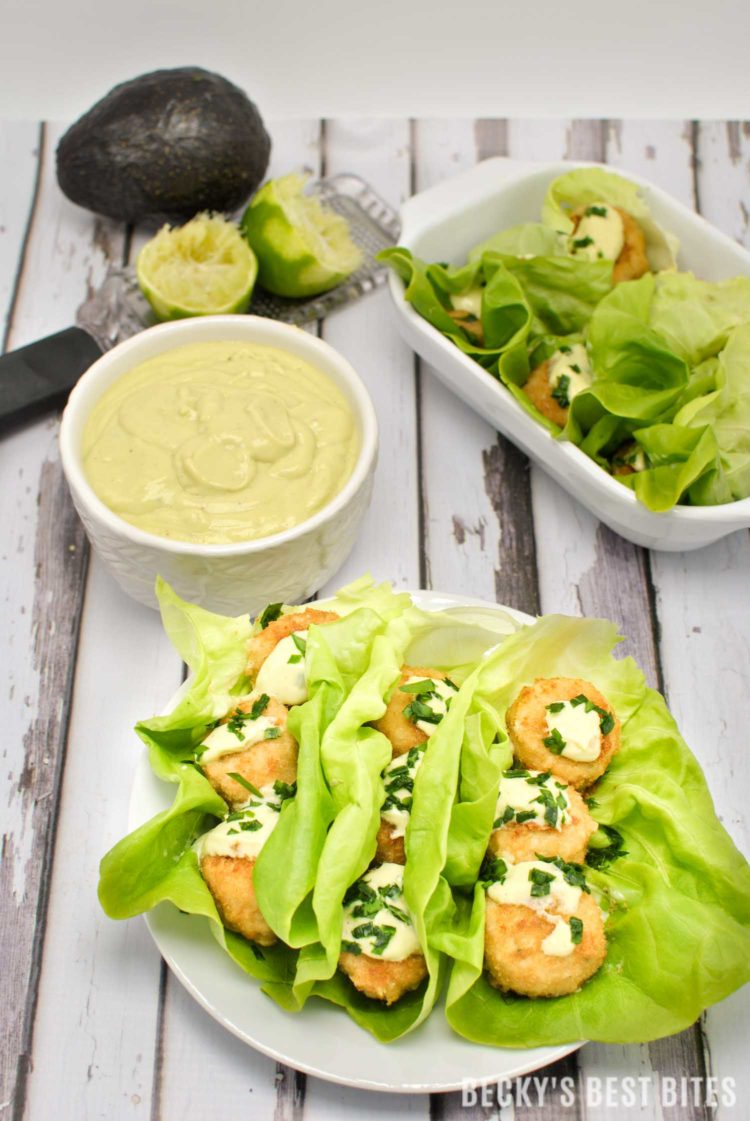 Gardein Crabless Cakes Lettuce Wraps with Creamy Avocado Sauce | beckysbestbites.com #OMGardein #sp