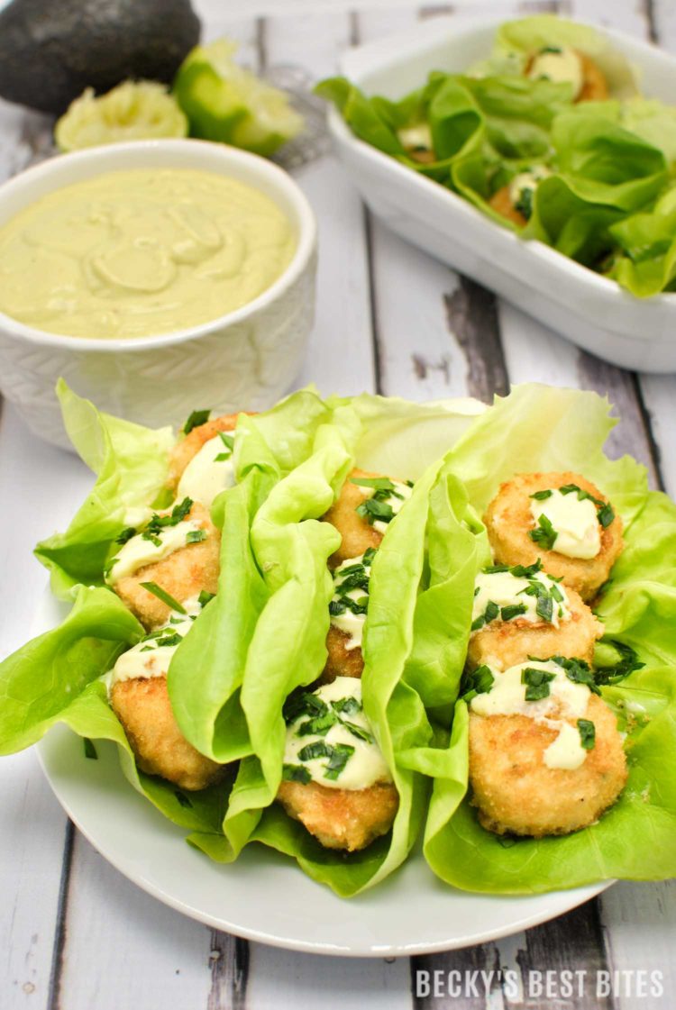 Gardein Crabless Cakes Lettuce Wraps with Creamy Avocado Sauce | beckysbestbites.com #OMGardein #sp