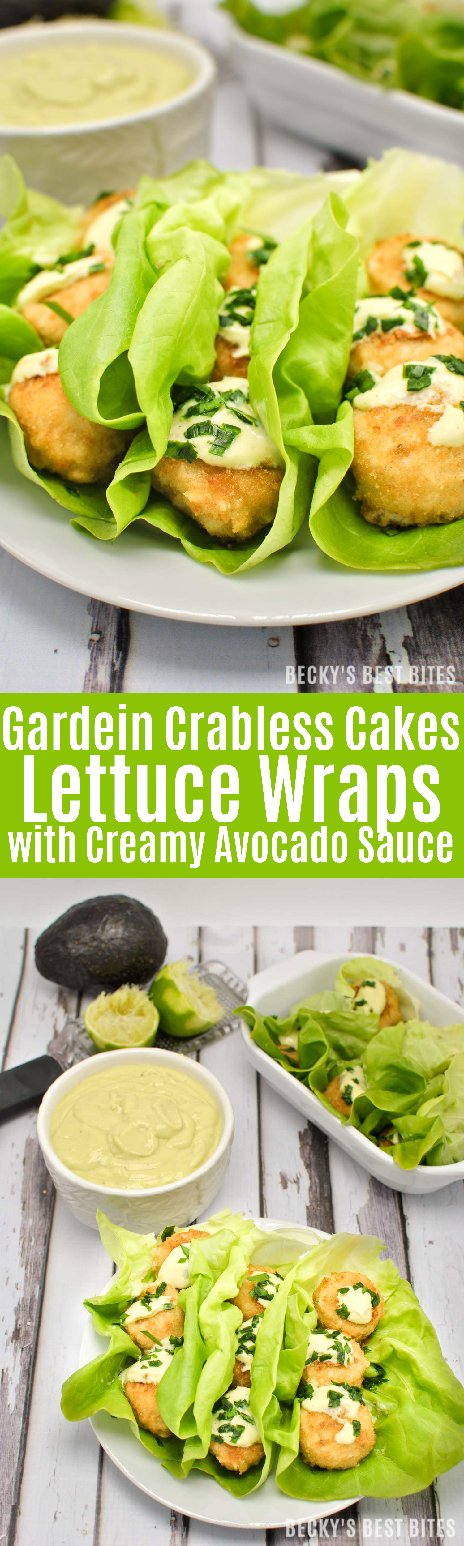 Discover the delicious and convenient way to eat meat-free. Gardein’s Crabless Cakes are better for your body and better for the planet. Try them in my quick, easy, healthy and tasty Gardein Crabless Cakes Lettuce Wraps with Creamy Avocado Sauce | Beckysbestbites.com #OMGardein #sp