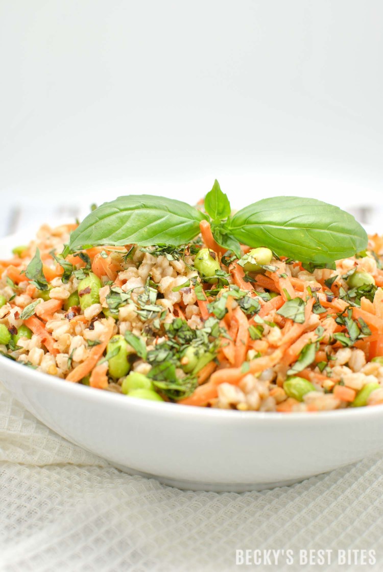 Spicy Farro Salad with Edamame and Carrots is a vegan, high protein, high fiber vegetarian main meal or non-vegetarian side dish perfect for the Spring/Summer months! | beckysbestbites.com