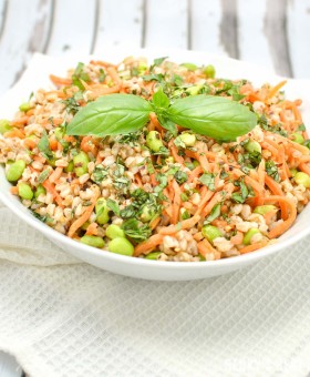 Spicy Farro Salad with Edamame and Carrots is vegan, high protein, high fiber vegetarian main meal or non-vegetarian side dish perfect for Spring/Summer | beckysbestbites.com