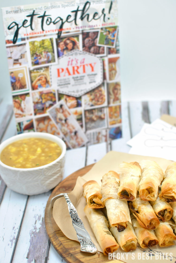 Mini Chicken Cigars with Sweet and Sour Pineapple Dipping Sauce is a tasty and easy appetizer recipe. Entertain in style and impress your guests at your next party with these quick and cute mini bites. #BHGParty | beckysbestbites.com