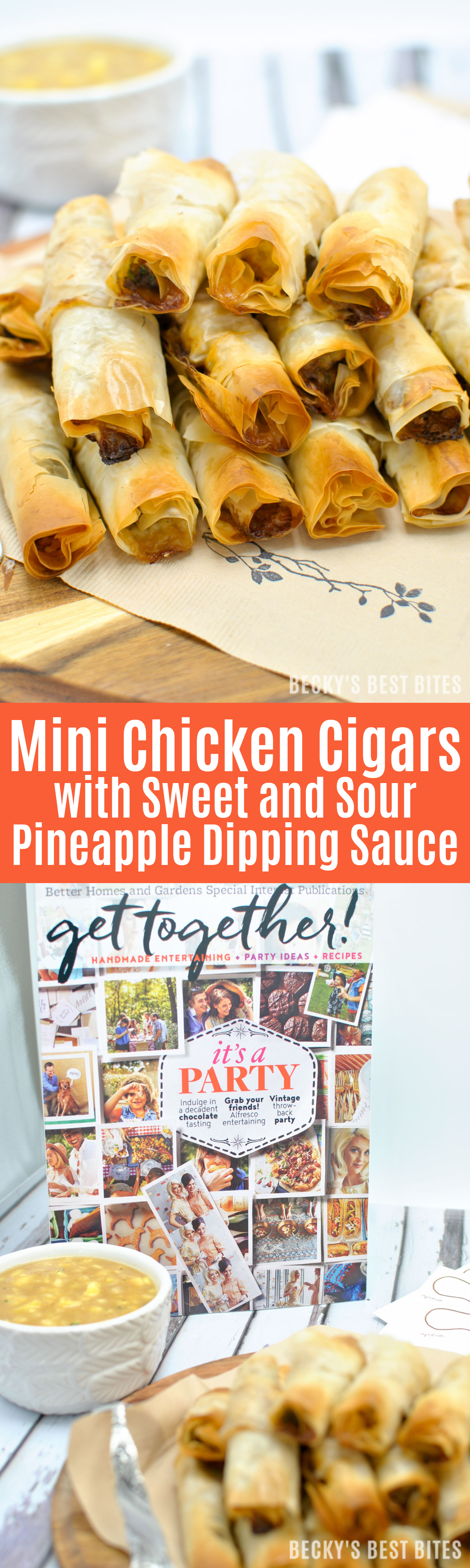 Mini Chicken Cigars with Sweet and Sour Pineapple Dipping Sauce is a tasty and easy appetizer recipe. Entertain in style and impress your guests at your next party with these quick and cute mini bites. #BHGParty | beckysbestbites.com